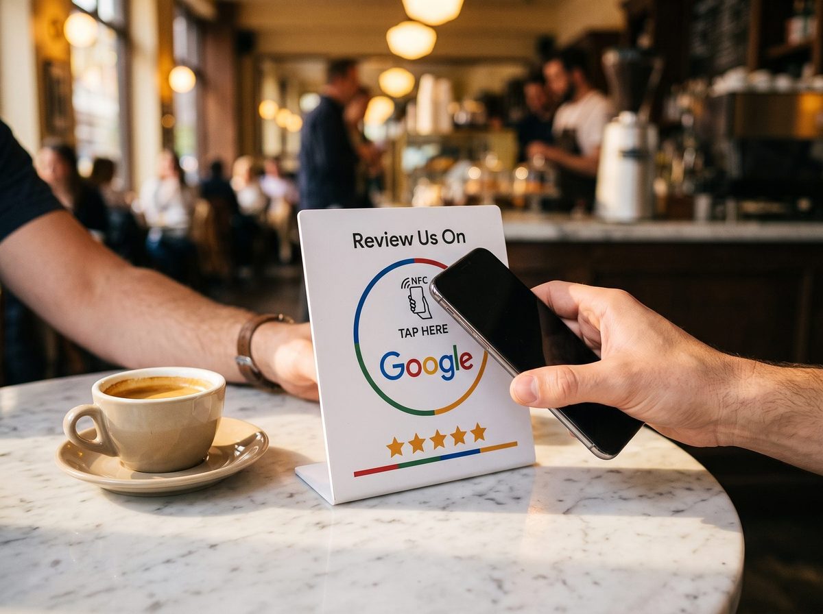 Un cliente acerca el movil a la placa sobre la mesa de un bar